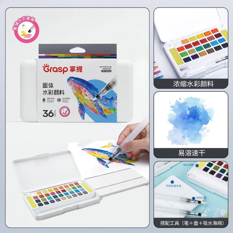 A set of 36 colored watercolor paint pens and a water brush for art creation.