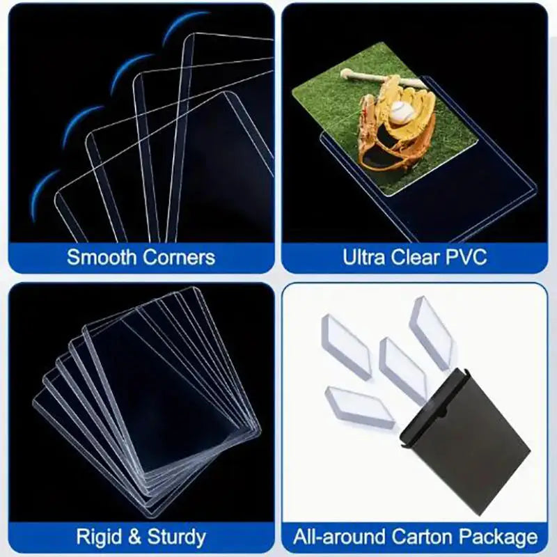 Un juego de fundas transparentes para tarjetas que demuestran esquinas suaves, material PVC ultratransparente, rigidez y un p