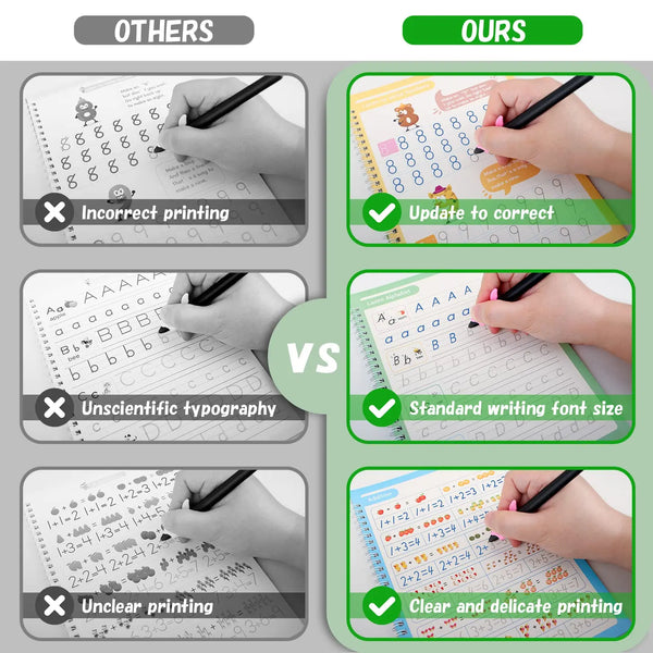 Comparison of printing quality showing incorrect, scientific, unclear, and standard writing fonts in a practice copybook set.