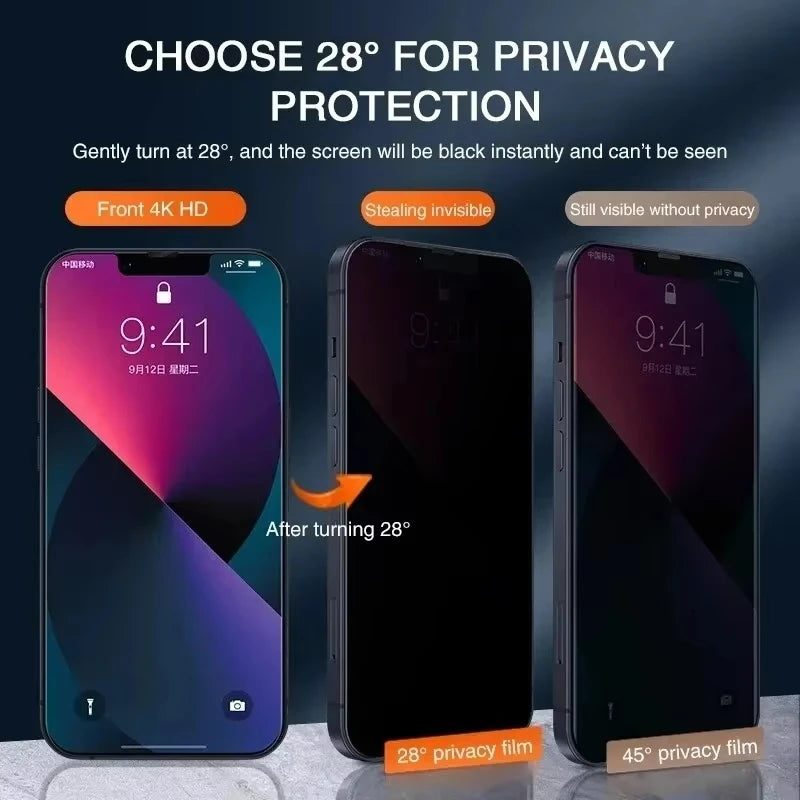 A close-up of a smartphone screen demonstrating a privacy film that turns black when tilted at 28 degrees for protection.