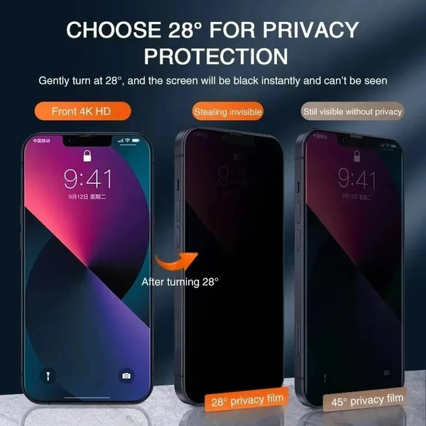 A close-up of a smartphone screen demonstrating a privacy film that turns black when tilted at 28 degrees for protection.