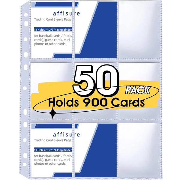 A pack of 50 card sleeve pages holds 900 cards for baseball cards or other cards.