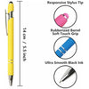 A yellow stylus pen with a responsive tip, rubberized grip, and smooth black ink shown with close-up views.