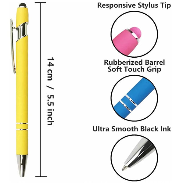 A yellow stylus pen with a responsive tip, rubberized grip, and smooth black ink shown with close-up views.