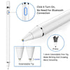 A white stylus pen is shown with an extendable tip and a battery, demonstrating its use for writing and drawing.