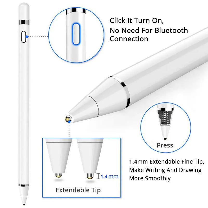 A white stylus pen is shown with an extendable tip and a battery, demonstrating its use for writing and drawing.