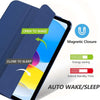 A slim stand case for an iPad demonstrating magnetic closure and auto wake/sleep features.
