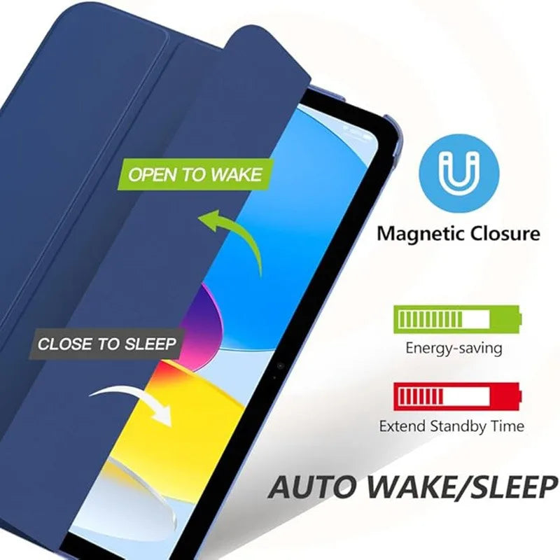 A slim stand case for an iPad demonstrating magnetic closure and auto wake/sleep features.