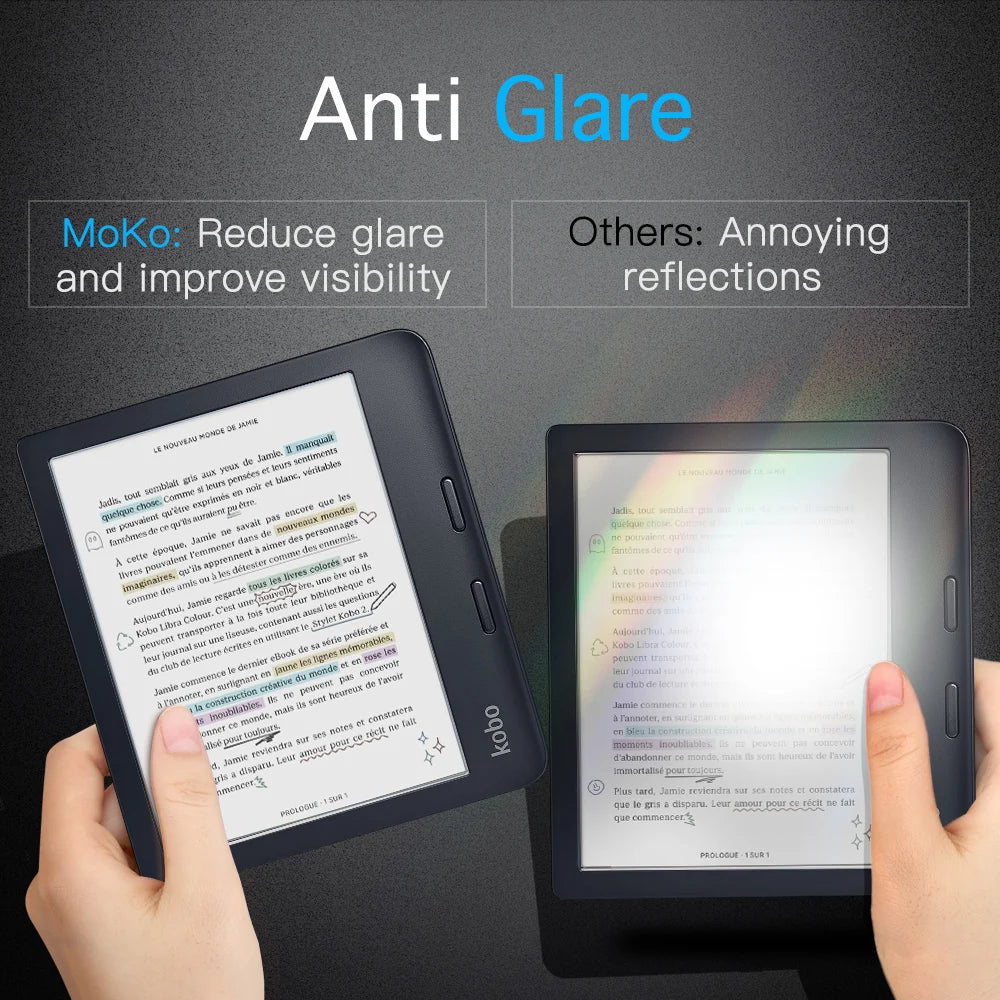 A hand holds a Kobo e-reader displaying an anti-glare screen protector, next to another device.