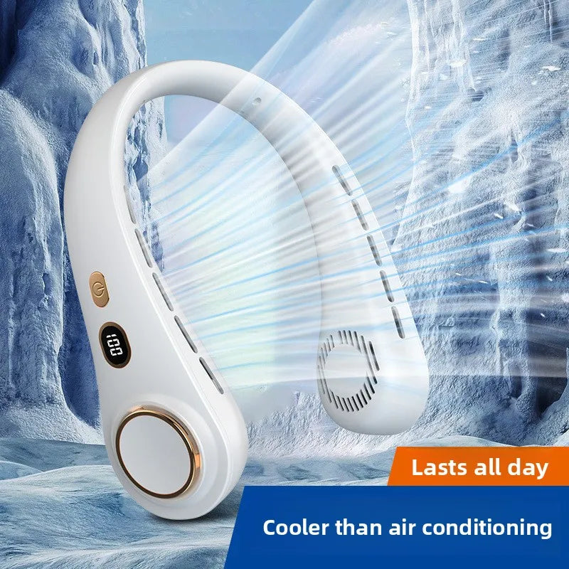 White hands-free neck fan with LED display shown against a snowy background, demonstrating cooling technology.