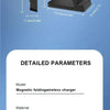 A black magnetic folding wireless charging stand is shown with its unfolded and folded configurations.