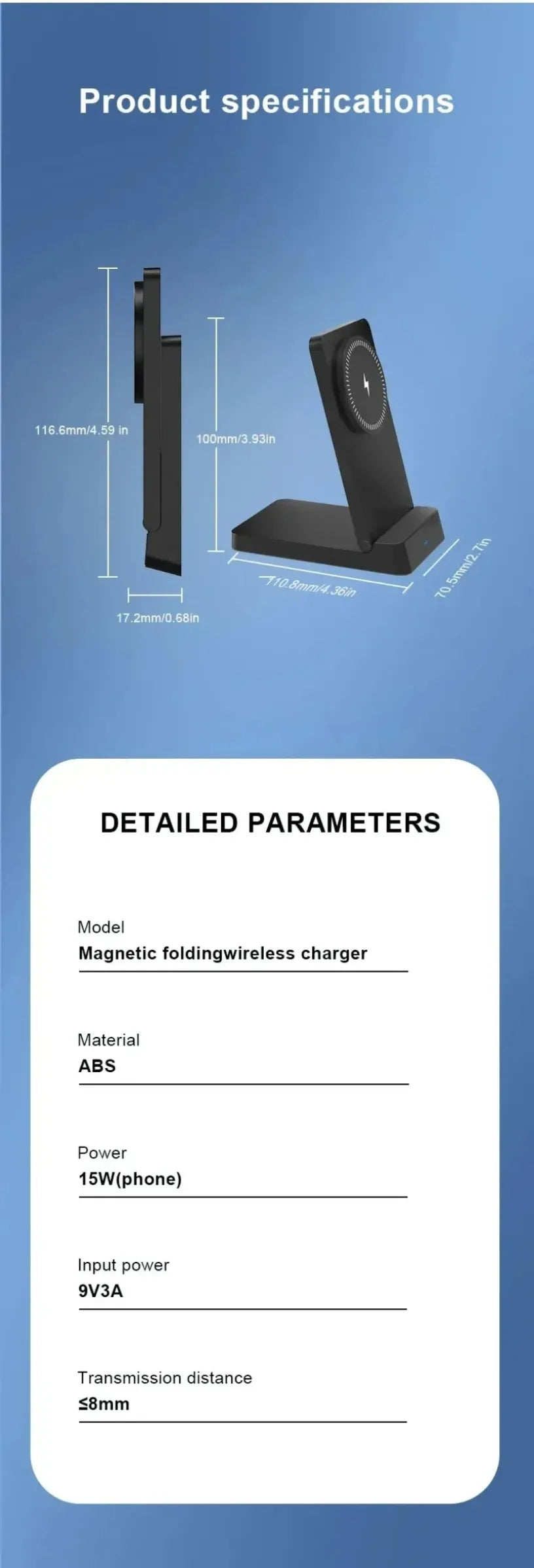 A black magnetic folding wireless charging stand is shown with its unfolded and folded configurations.