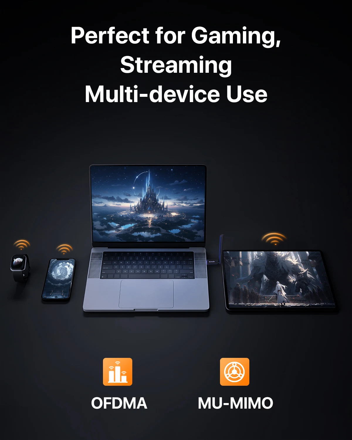 A laptop and a tablet are shown next to an OFDMA and MU-MIMO logo, demonstrating multi-device connectivity.