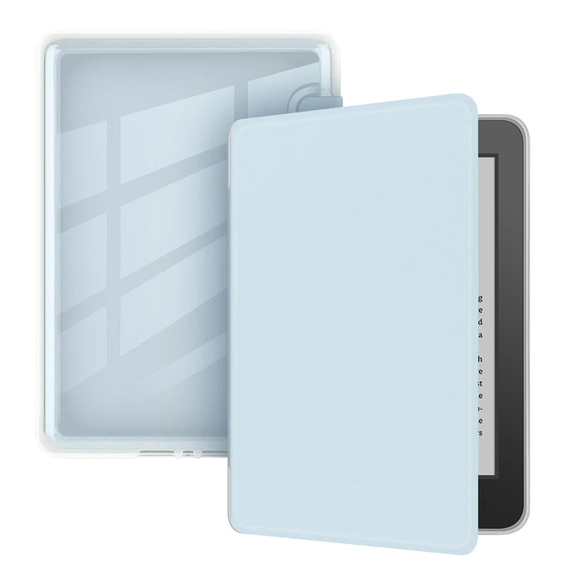 A light blue silicone protective cover for a 6-inch e-reader, shown in both open and closed forms.