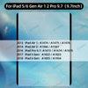 Displayschutzfolie für verschiedene iPad-Modelle, darunter Air 1, Air 2, Pro 9.7 und 5. Generation.