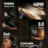 A close-up view of black foldable Bluetooth 6.0 over-ear headphones highlighting features like a large driver and comfortable
