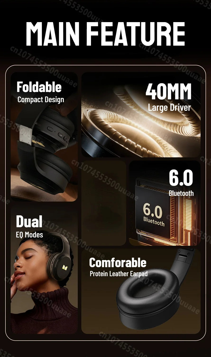 A close-up view of black foldable Bluetooth 6.0 over-ear headphones highlighting features like a large driver and comfortable