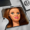 A close-up of a cute doll face mouse pad with a non-slip rubber base, showing measurements and the product design.