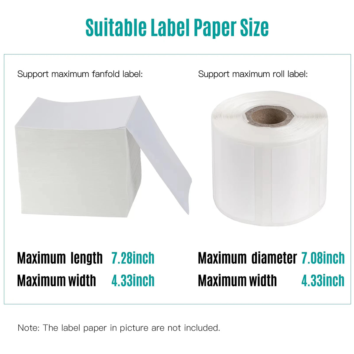 Guide showing suitable label paper sizes for fanfold and roll labels, including maximum dimensions.
