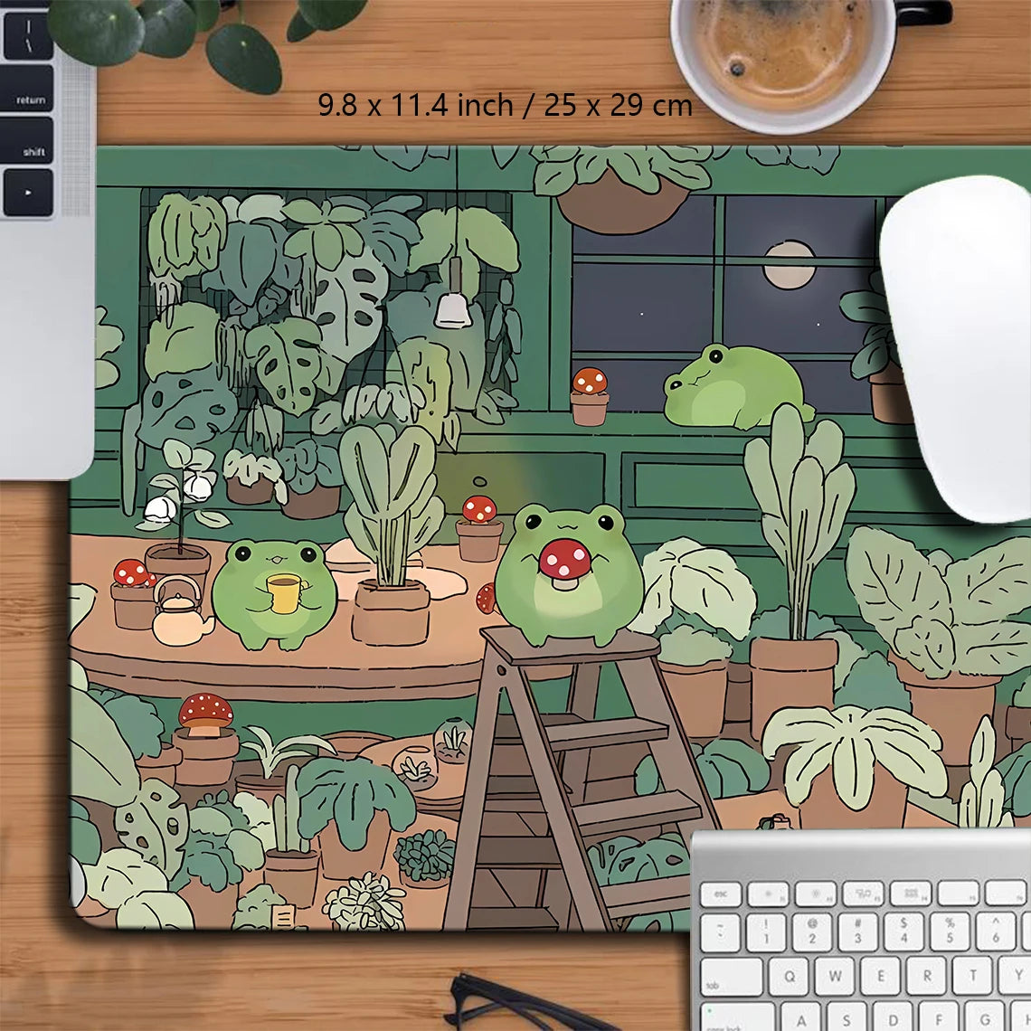 A large green kawaii frog desk mat featuring various potted plants and a wooden ladder.