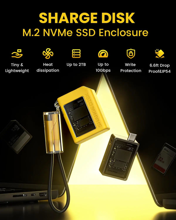 A yellow M.2 NVMe SSD enclosure is shown with a heat sink, highlighting features like lightweight design and drop protection.