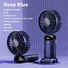 Un ventilador mini portátil azul oscuro, mostrando su cabeza y base, destacando diseño y características.