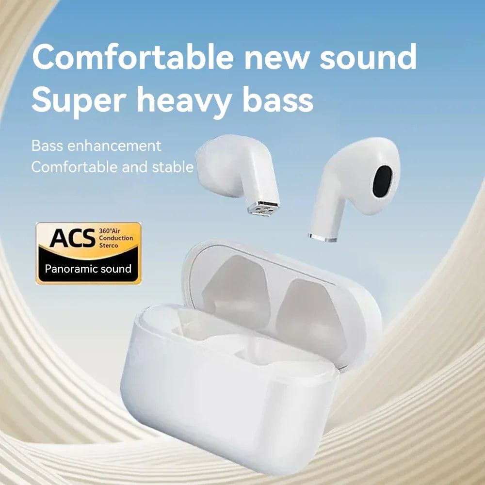White wireless earbuds and charging case shown with text promoting comfortable new sound and super heavy bass.