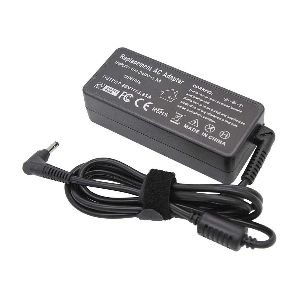 Black AC adapter cable and power brick for a universal laptop, rated 100-240V input and 3.25A output.
