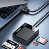Adaptador lector de tarjetas multi para laptop y varias tarjetas de memoria.