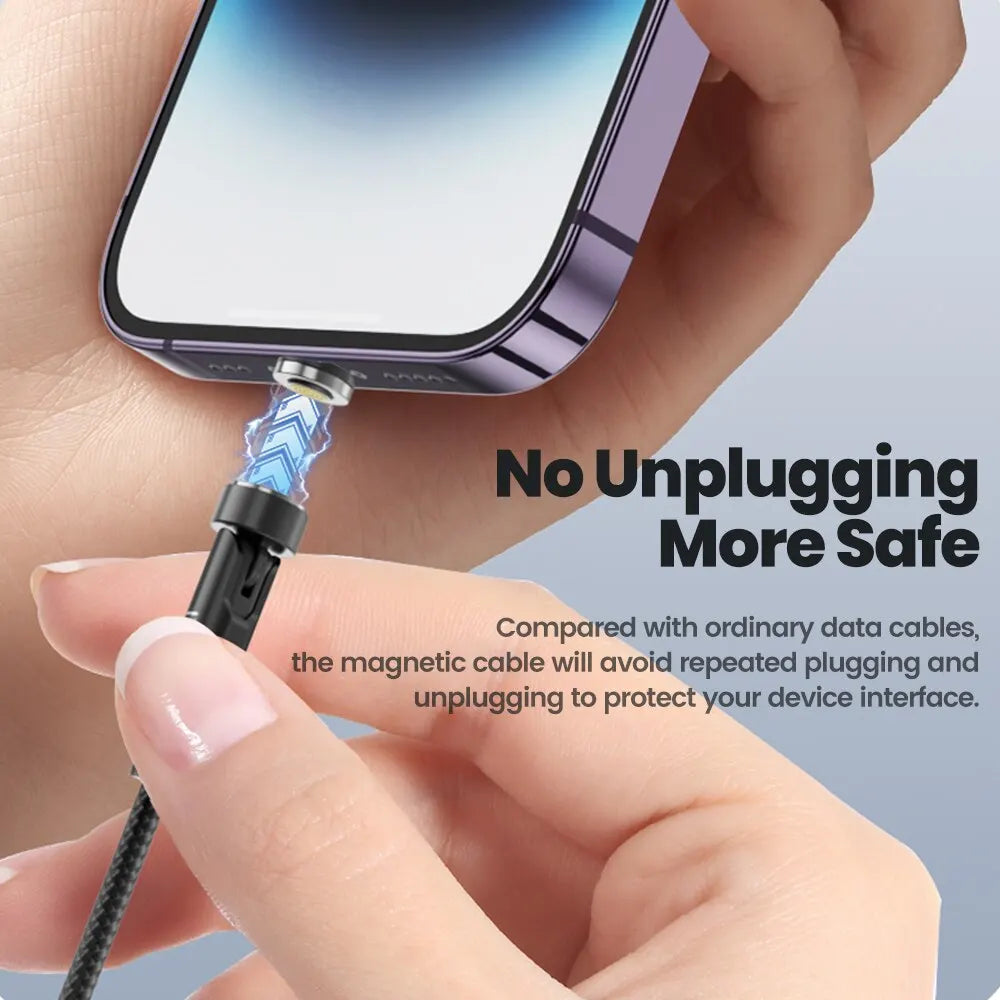 A hand connects a magnetic charging cable to an iPhone, demonstrating a safe, non-pluggable connection method.