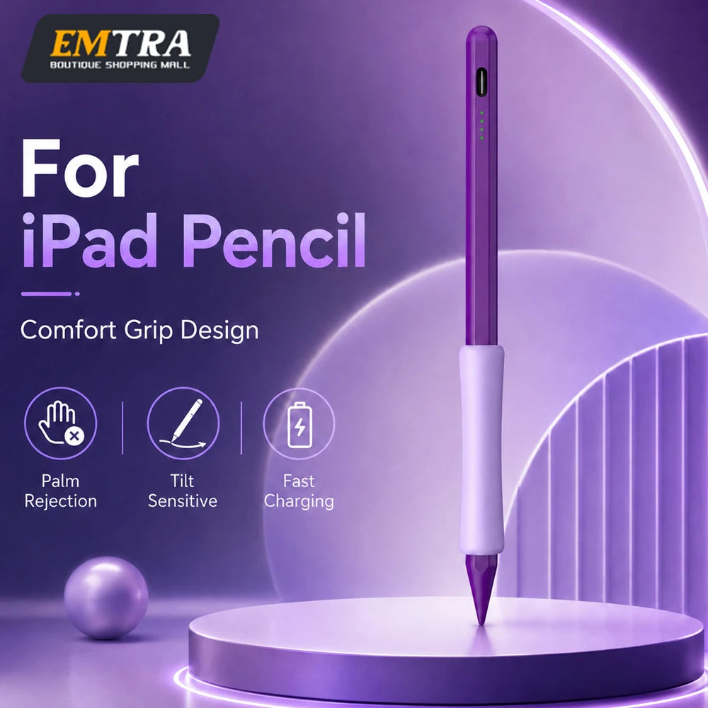 A purple iPad pen stylus with a white grip is shown on a stand, highlighting its comfort grip design features.