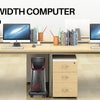 An adjustable width computer tower stand with multiple monitors and PC towers on a wooden desk.