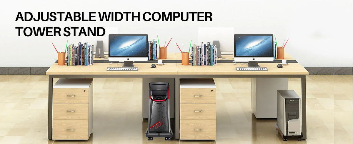 An adjustable width computer tower stand with multiple monitors and PC towers on a wooden desk.