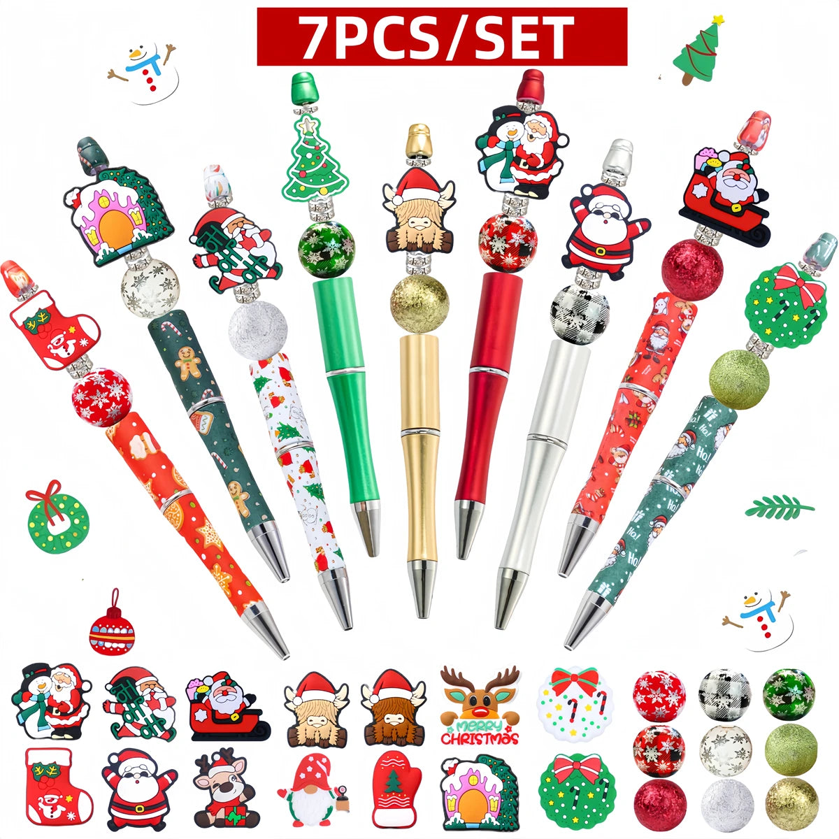 A set of seven decorative beaded ballpoint pens featuring Christmas and festive designs