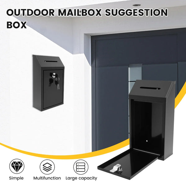 Outdoor mailbox suggestion box shown mounted on a wall with an open compartment displaying various items.