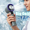 A hand holds a handheld bladeless cooling fan emitting a strong stream of cold air against an icy background.