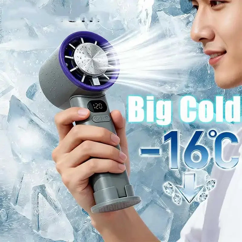 A hand holds a handheld bladeless cooling fan emitting a strong stream of cold air against an icy background.