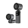 A portable rechargeable handheld cooling fan in black with a circular grille and power indicator display.