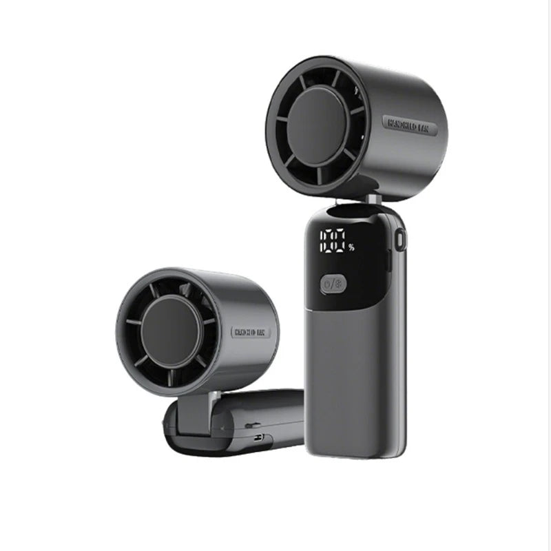 A portable rechargeable handheld cooling fan in black with a circular grille and power indicator display.