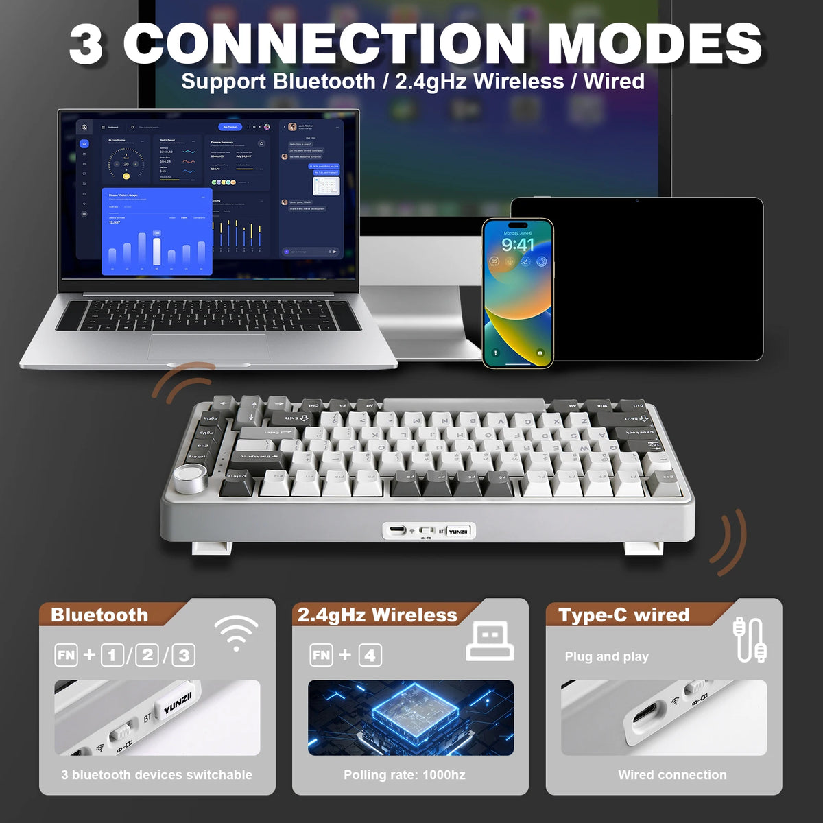 A silver 82-key wireless mechanical keyboard shown with various connection modes including Bluetooth, 2.4GHz Wireless, and Ty