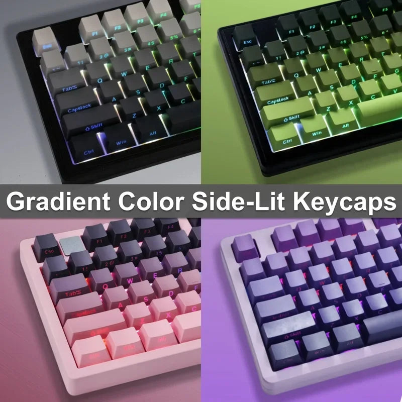 Gradient color side-lit PBT keycaps shown in various colors and angles for mechanical keyboards
