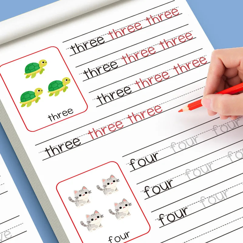 A page from a learning workbook showing tracing practice for the number three and the word three.