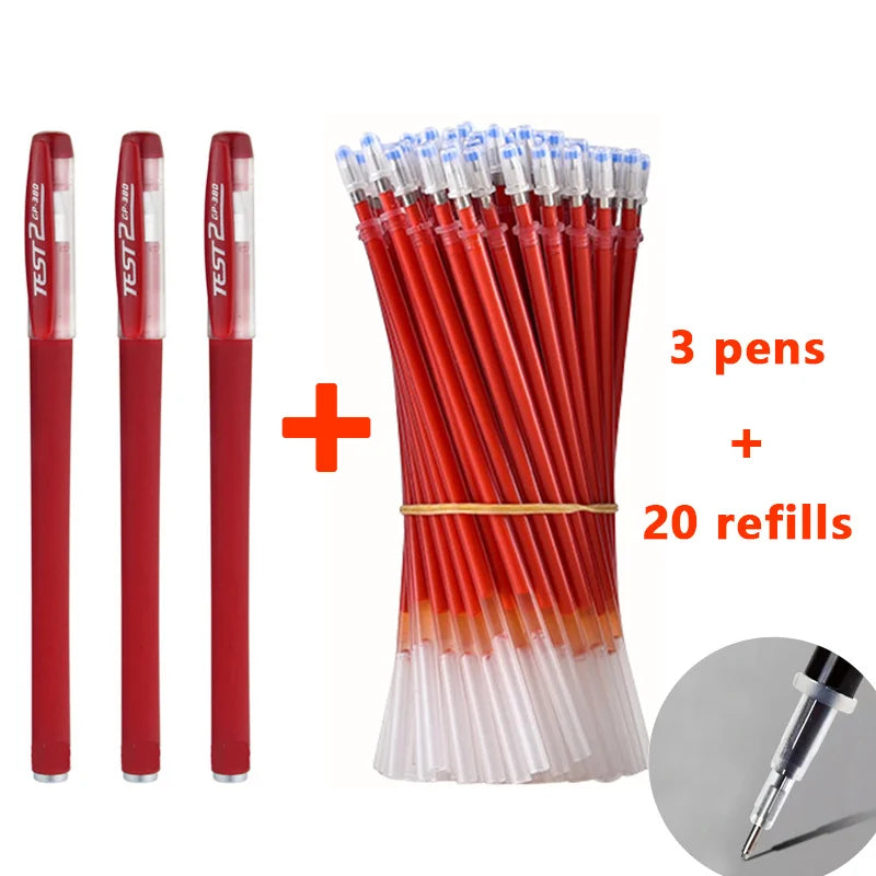 Juego de 3 plumas con 20 recambios junto a una pluma para un set de bolígrafos de gel multicolor