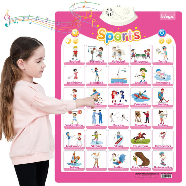 A pink poster titled Sports showing various sports activities and equipment for children.