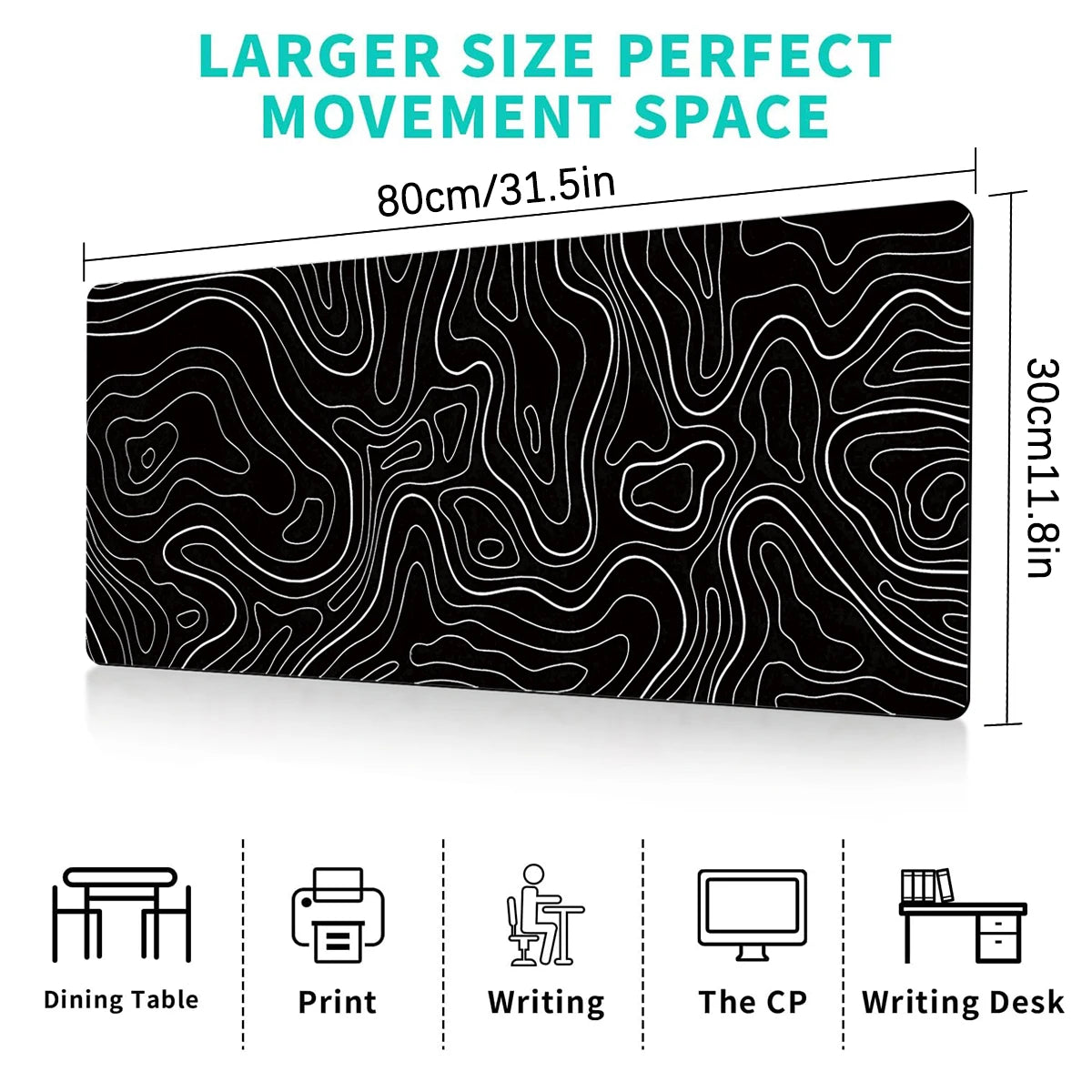 Black gaming mouse pad with a topographic line design, measuring 80cm by 30cm.