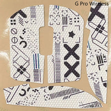 A set of G Pro Wireless non-slip grip tape for a mouse, showing various shapes and patterns.