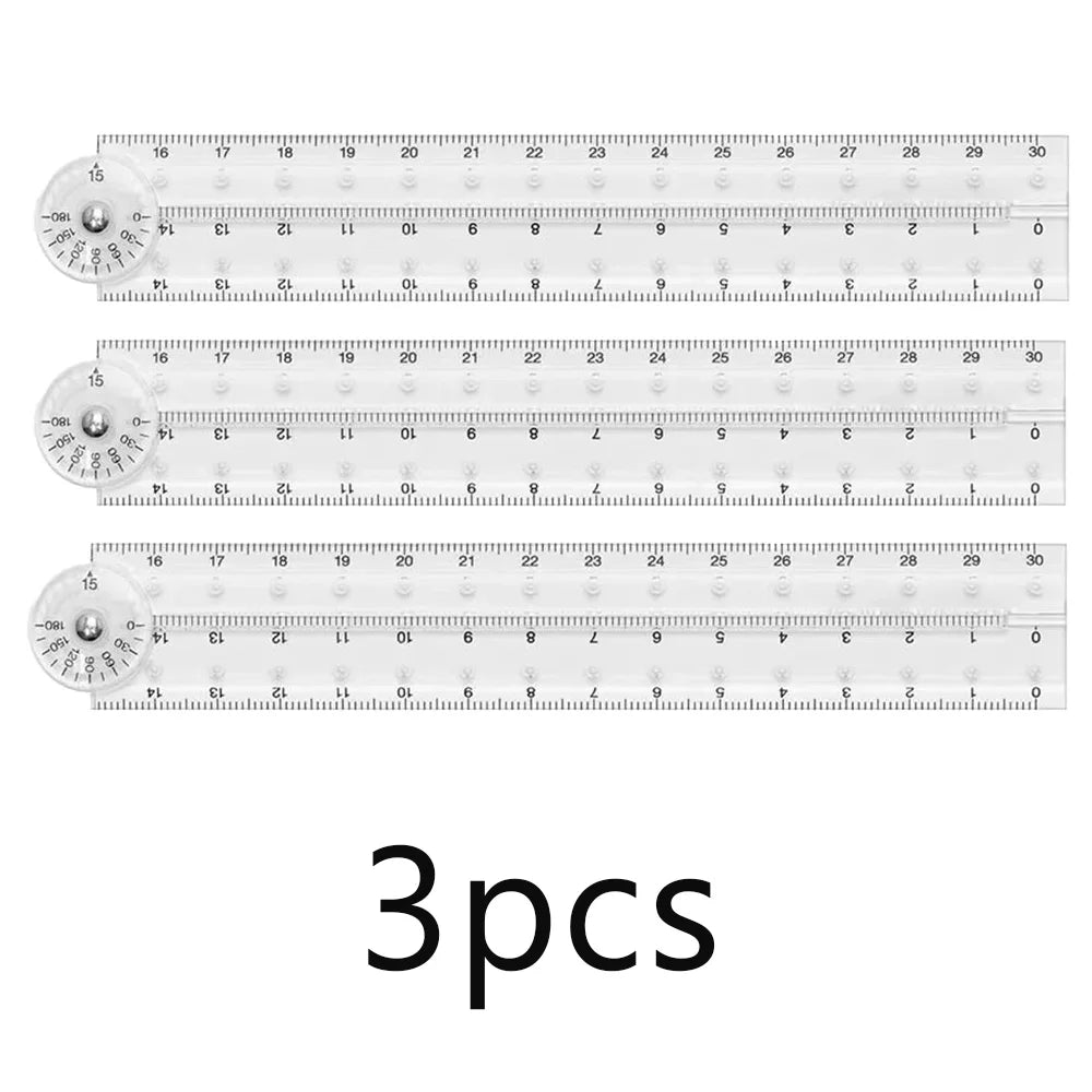 A set of three precision folding transparent rulers with millimeter markings.