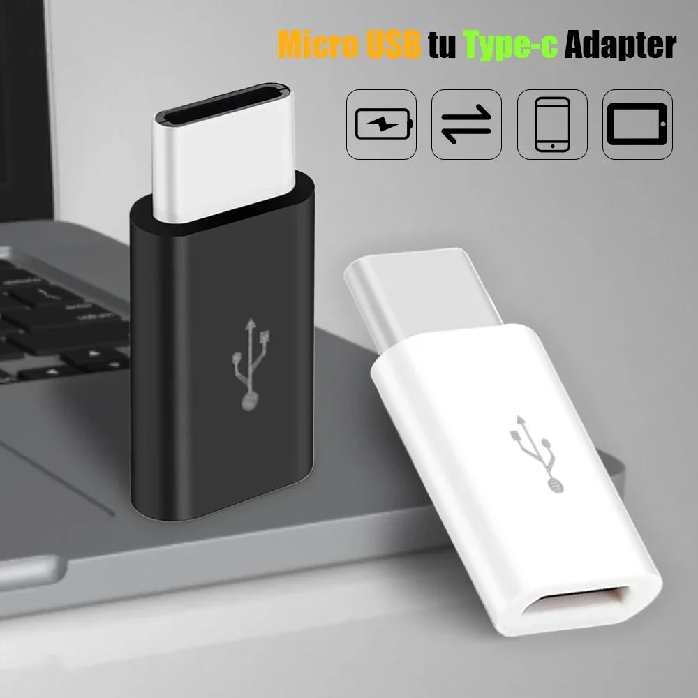 A black and white USB Type-C to Micro USB adapter is shown next to various device icons.