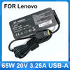 Black AC adapter for Lenovo laptops, featuring 65W power output and USB-A connector.