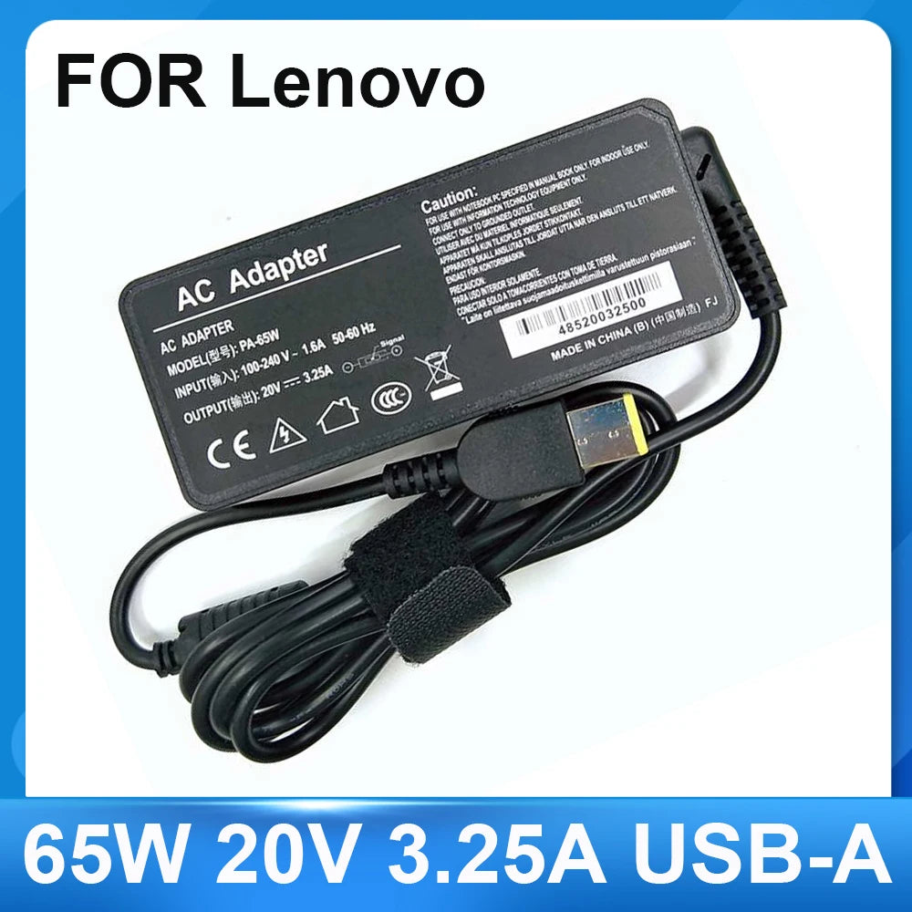 Black AC adapter for Lenovo laptops, featuring 65W power output and USB-A connector.